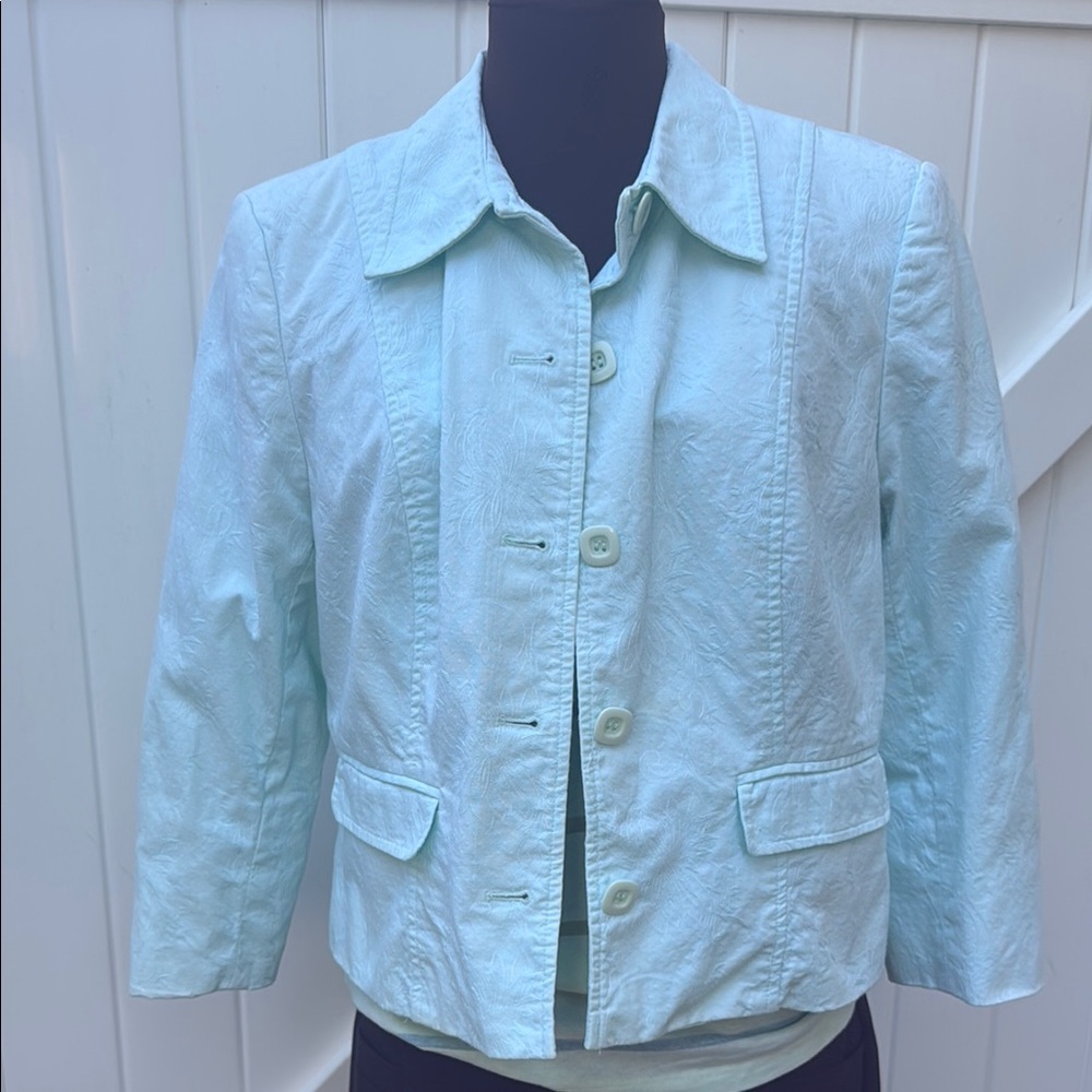 Apostrophe Green Blazer with Patterned Fabric and Collared Neckline Fits SZ 8-12